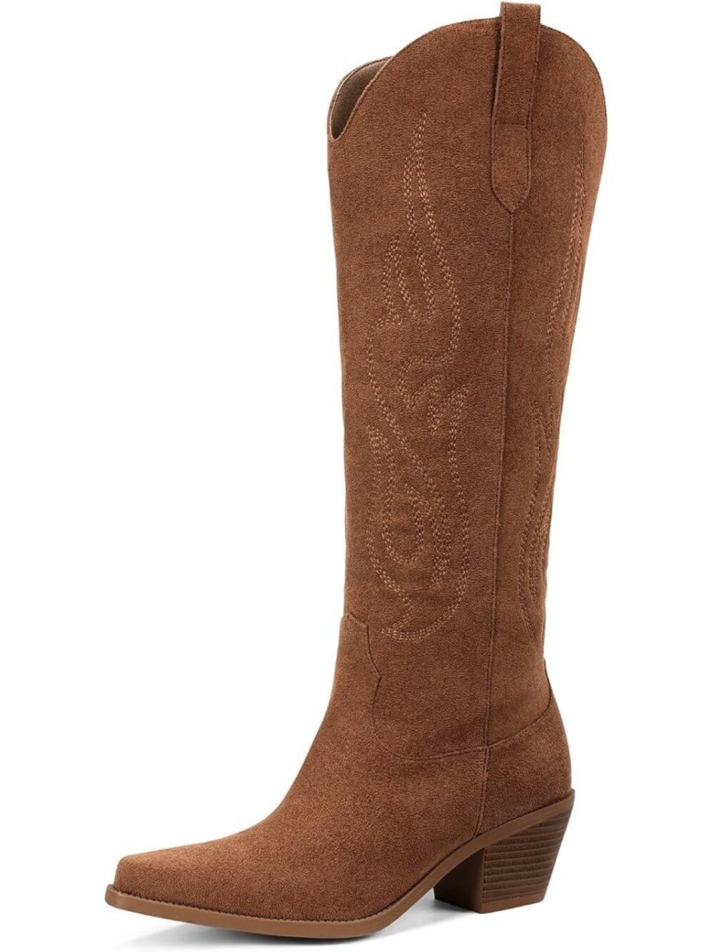 Women's Dark Brown Knee High Wide Calf Cowboy Boots, Pointed Toe Chunky Heel